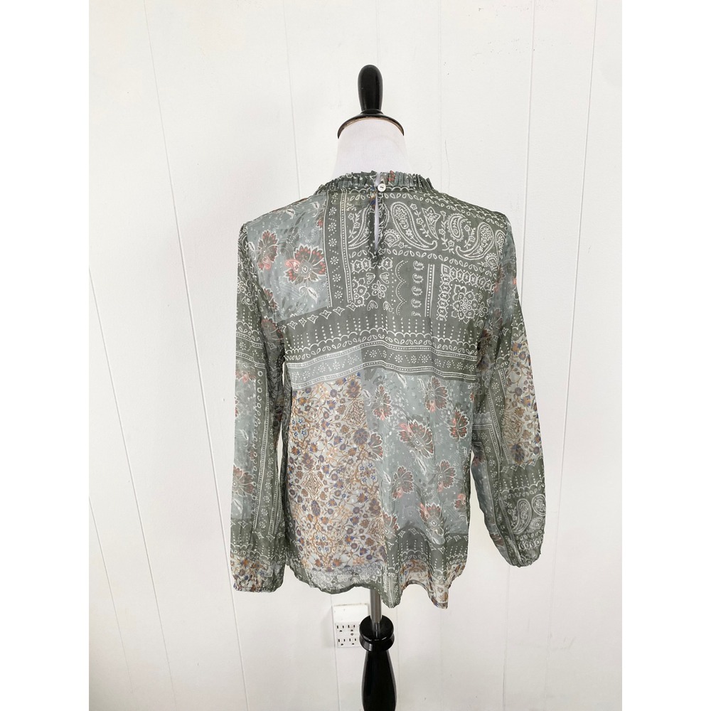 World‎ Market Green Patchwork Paisley Floral Sheer Blouse Long Sleeve Top Sz S/M - Picture 2 of 10